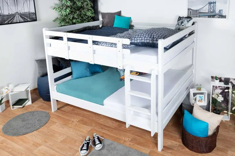 Bois massif Lit superposé pour enfants et adolescents | Dimension du matelas: 160 x 200 cm | Laqué Blanc | convertible en 2 lits simples | Qualité premium | Incl. Sommier à lattes déroulable Abbildung
