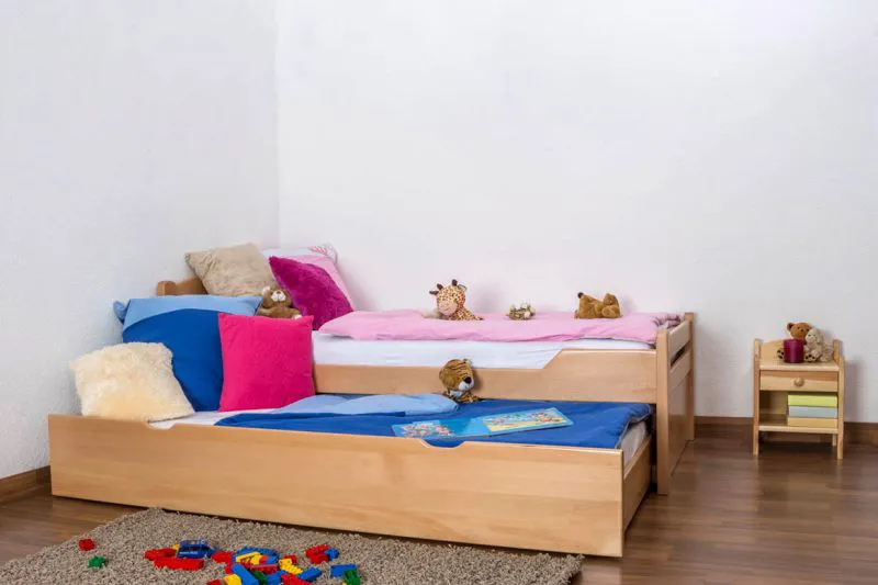  90 x 200 cm Lit d'enfant avec coffre de lit comme lit d'appoint ou espace de rangement | Bois massif : hêtre | Laqué Naturelel | incl. 2ème couchage 90 x 190 cm extensible et 2 sommiers à lattes Abbildung