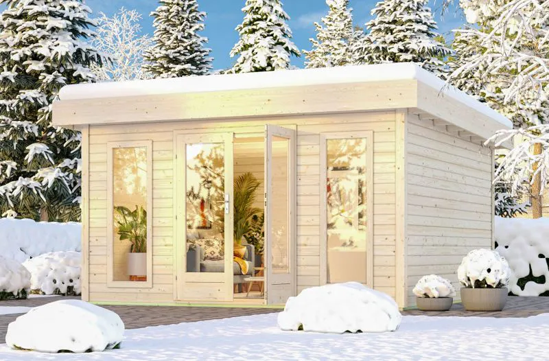 Abri de jardin en bois avec charge de neige élevée 185 kg/m², plancher inclus, naturel, 38 mm, toit à une pente en bois massif, serrure à cylindre, 3,93 × 3,93 m, 2 grandes fenêtres