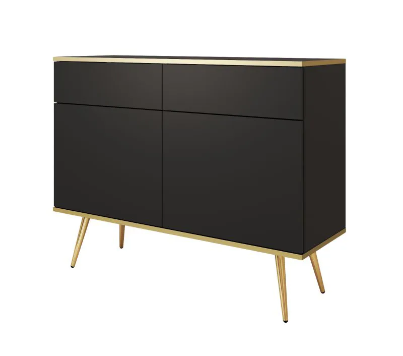 Petite commode à quatre compartiments Horsham 66, Couleur : Noir, deux portes, Fonction push-to-open, protection des bords ABS, deux tiroirs, Pieds : Or