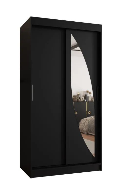 Armoire à portes coulissantes / Penderie Jorasses 03, Couleur : Noir, largeur 1 mètre, cinq casiers, une porte miroir, deux tringles à vêtements, rails en aluminium