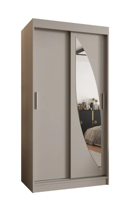 Armoire / Penderie à portes coulissantes Jorasses 04, couleur : cachemire, rails en aluminium, cinq casiers, largeur 1 mètre, une porte miroir, deux tringles à vêtements