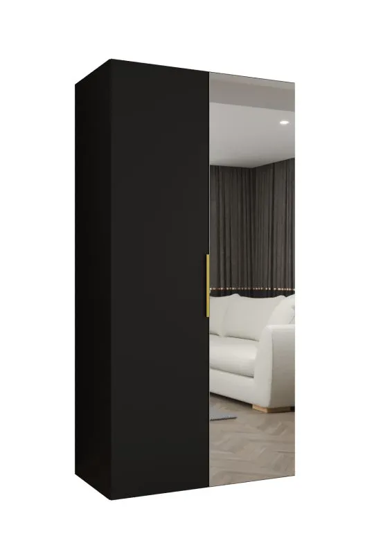 Armoire penderie 1 m Korab 63 | Noir | Portes battantes | Miroir | Soft-Close | Poignées or