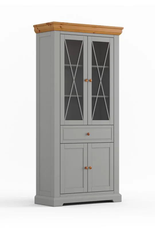 Large vitrine Gimone 02, en pin finlandais, gris, un tiroir, dimensions : 200 x 95 x 41 cm, deux portes vitrées, cinq casiers, fermeture en douceur