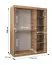 Armoire à portes coulissantes / Couleur : Noyer / 1,5 mètre de large / Rails en aluminium / Une porte miroir / Penderie / Cinq casiers / Deux tringles à vêtements