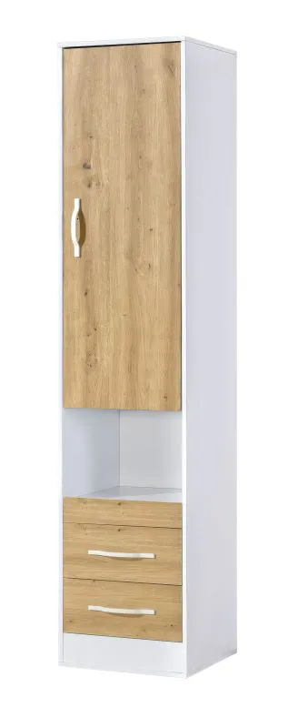 Armoire | Couleur : chêne / blanc | 50 x 50 x 225 cm | poignées métalliques blanches | 1 porte | 2 tiroirs | 4 étagères | 5 compartiments | Nalut 02