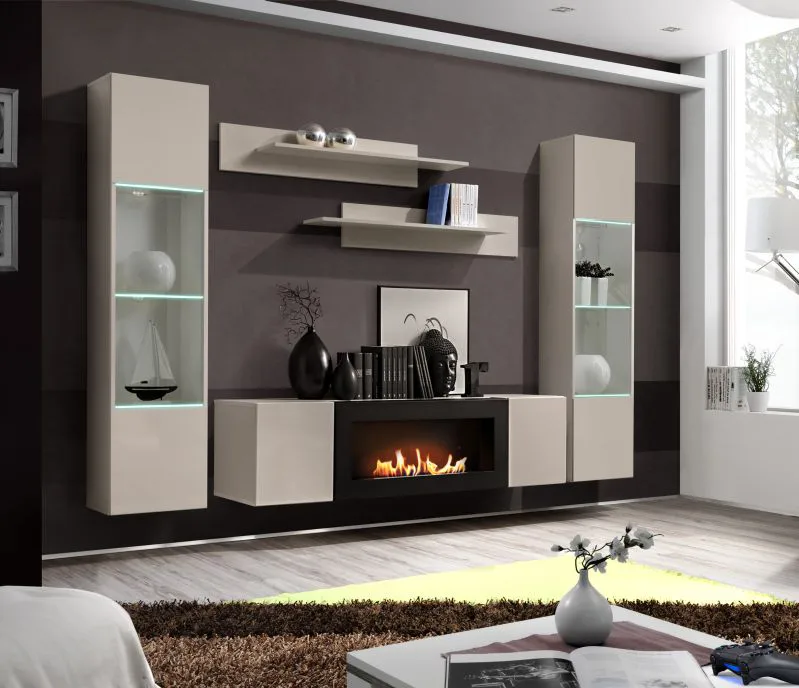 Meuble-paroi / éclairage LED inclus / Couleur : Cachemire / 2 vitrines suspendues / 1 meuble TV avec cheminée au bioéthanol / 2 étagères murales
