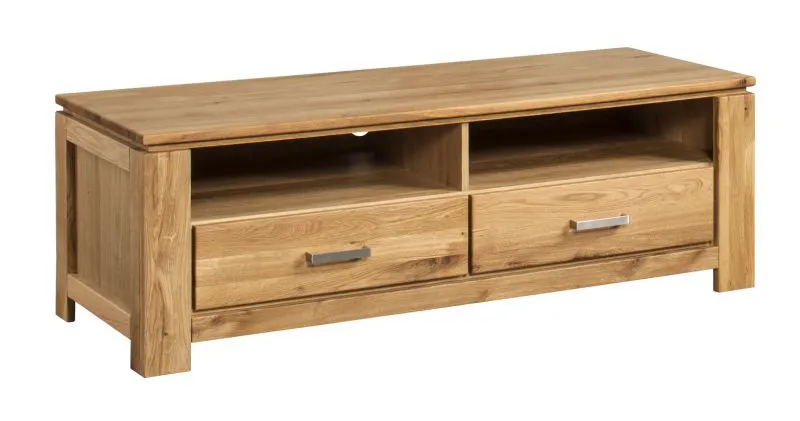 Meuble TV avec deux tiroirs Balsa 06, très stable, naturel, compatible avec un robot d'aspiration et de nettoyage, chêne partiellement massif, huilé / ciré, 50 x 145 x 58 cm, deux compartiments ouverts