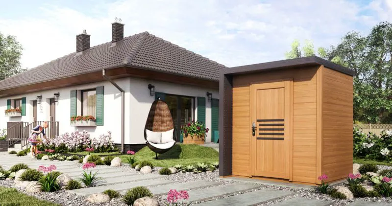 Maison de jardin Paran 19 mm, couleur : chêne / anthracite - Dimensions extérieures (L x P) : 204 x 202 cm
