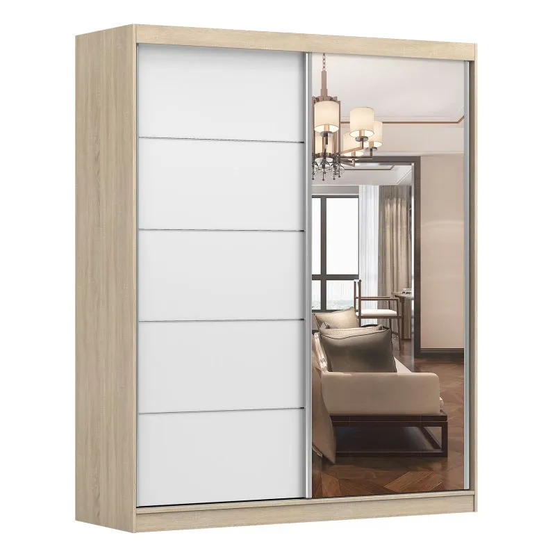 Armoire penderie à portes coulissantes avec miroir | Chêne / Blanc | Cuillin 09 | 218 x 183 x 61 cm | 2 portes | 6 compartiments | Façade effet bois