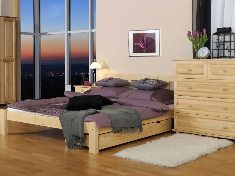 Lit double / lit d'appoint en bois de pin massif, naturel A4, sommier à lattes inclus - Dimensions 160 x 200 cm 