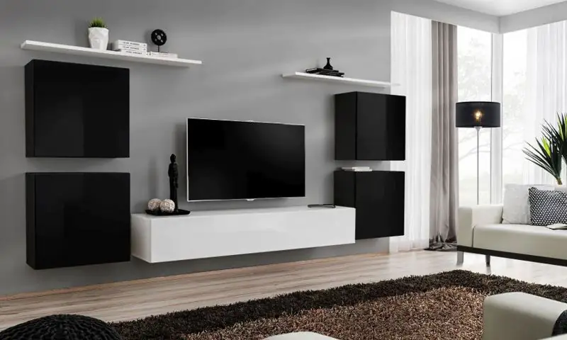 Mur de salon avec grand espace de rangement Balestrand 54, Couleur : Noir / Blanc - Dimensions : 150 x 320 x 40 cm (h x l x p), avec cinq portes