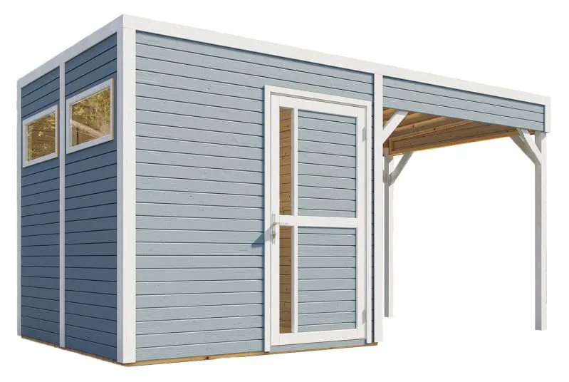 Abri de jardin Basel 02 avec toit rapporté, plancher inclus, laqué gris clair - en éléments de 19 mm, surface au sol : 5,10 m², toit plat