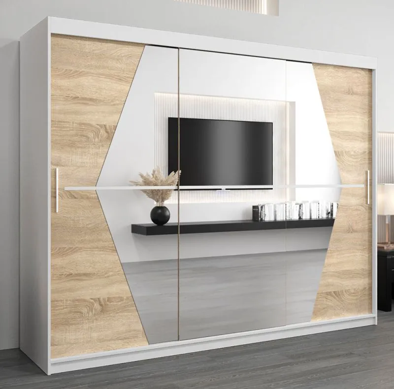 Armoire à portes coulissantes avec miroir Alphubel 06 | Blanc mat & Chêne Sonoma | 200 x 250 x 62 cm