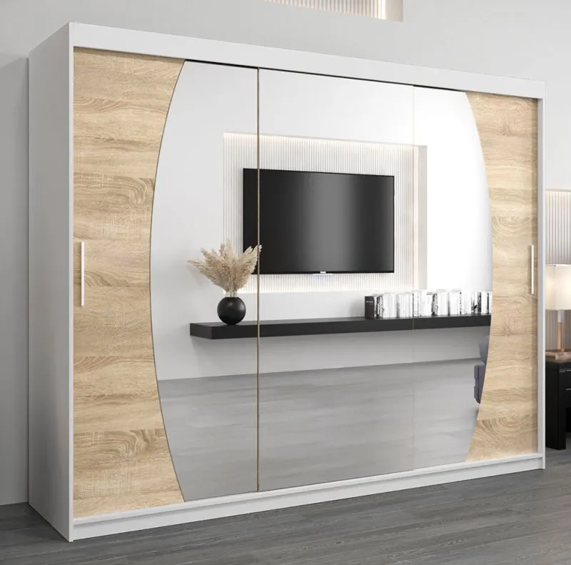 Armoire penderie à portes coulissantes Calvitero 06 avec miroir | Blanc mat & chêne Sonoma | 200 x 250 x 62 cm
