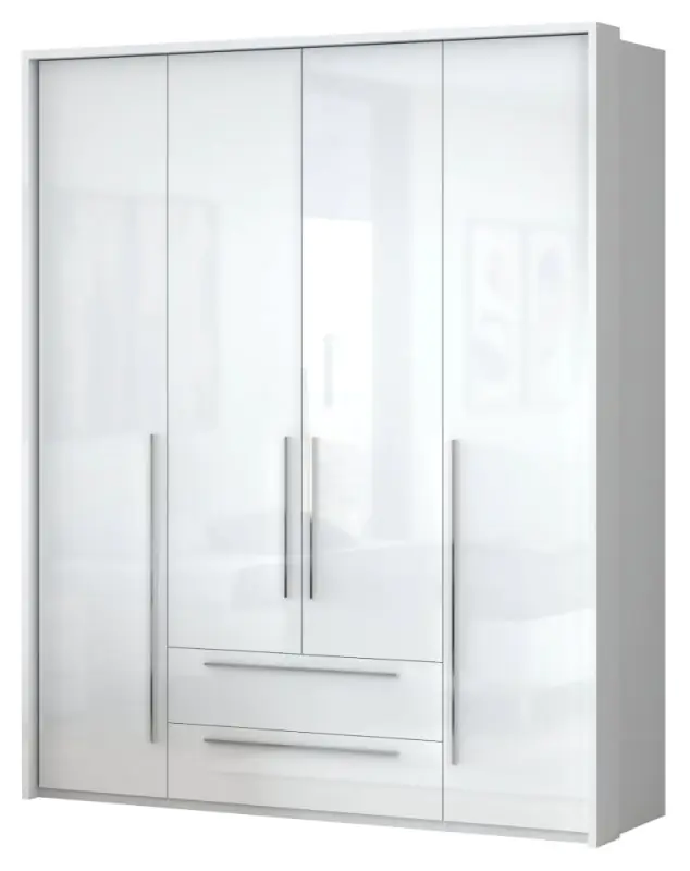 Armoire à portes battantes / armoire avec cadre LED Siumu 29, Couleur : Blanc / Blanc brillant - 226 x 187 x 60 cm (H x L x P)