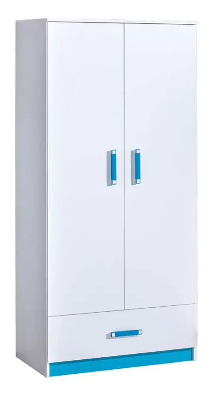 Chambre d'enfant - armoire à portes battantes / armoire Frank 01, couleur : blanc / bleu - 189 x 90 x 50 cm (H x L x P)