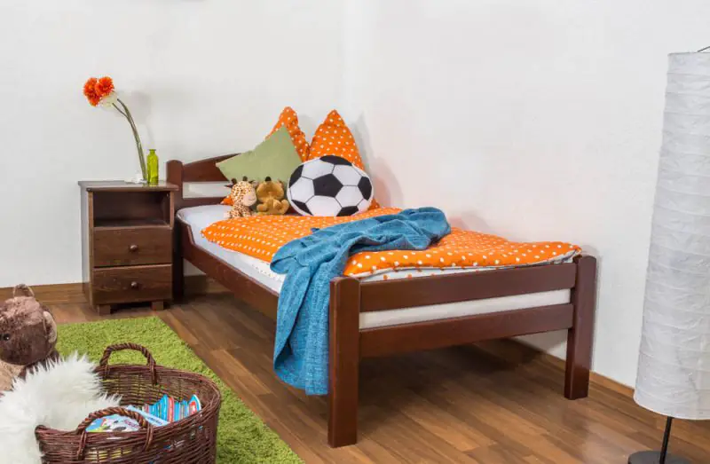 lit d'enfant / lit d'adoléscent  "Easy Premium Line" K1/2n, en hêtre massif verni brun foncé - couchette : 90 x 200 cm