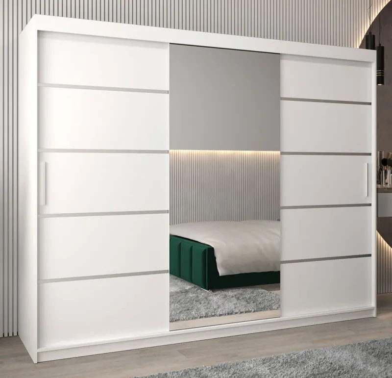 Armoire à portes coulissantes / Penderie Jan 06B avec miroir, Couleur : Blanc mat - Dimensions : 200 x 250 x 62 cm ( H x L x P)