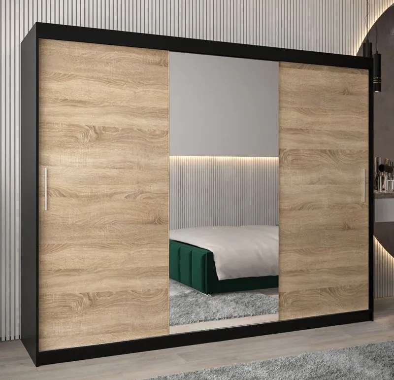 Armoire à portes coulissantes / Penderie Bisaurin 6B avec miroir, Couleur : Noir / Chêne de Sonoma - Dimensions : 200 x 250 x 62 cm ( H x L x P)