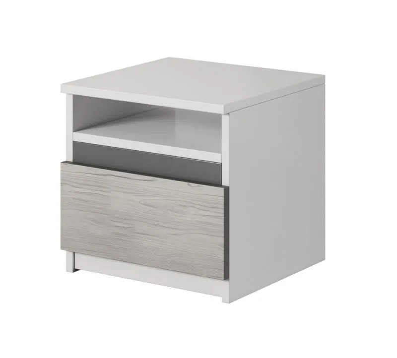 Table de chevet / Gris / Blanc / Jolais 03 / 1 tiroir / Plateau résistant aux rayures et à l'humidité / 42 x 40 x 36 cm / Table de chevet / Face imitation bois