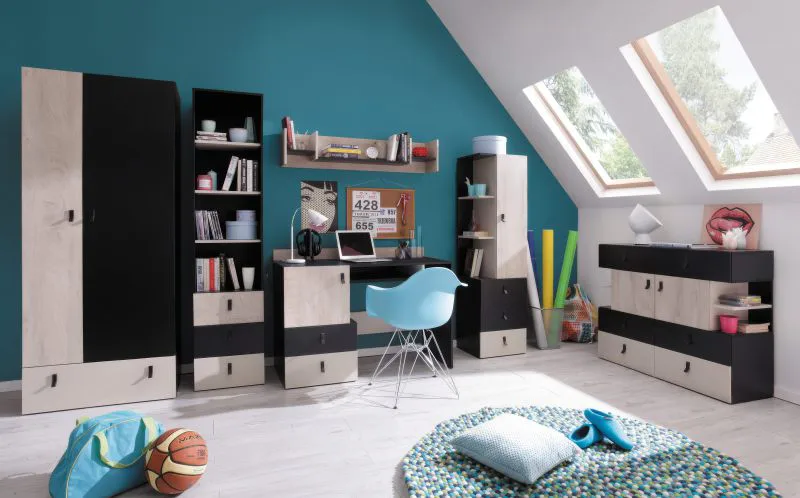 Chambre d'enfant Kit complet E "Aalst", 6 pièces, Chêne / Crème / Noir