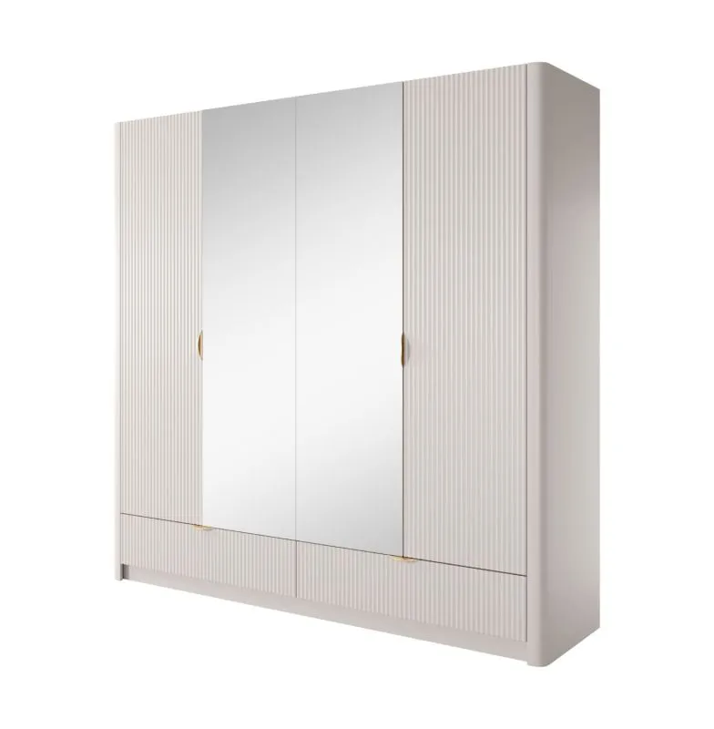 Armoire 2 portes miroir Sloughia 16, protection des chants ABS, Couleur : Beige, dimensions : 208 x 213 x 55 cm, 2 tiroirs, 1 tringle à habits, design moderne à lamelles