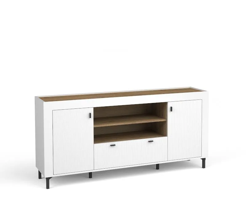 Buffet design moderne Barbe 19 | 1 tiroir, 6 niches, 2 portes | Blanc mat & chêne | 83,5 x 177 x 40 cm