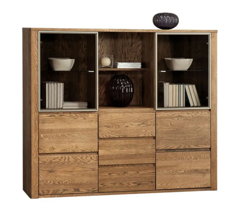 Vitrine Jussara 12, couleur : ambre, chêne partiellement massif - 150 x 178 x 42 cm (h x l x p)