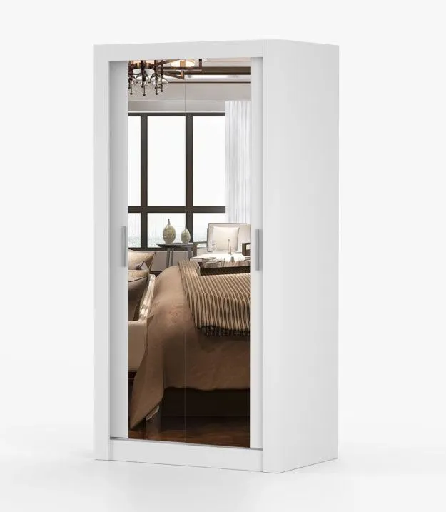 Armoire à portes coulissantes avec miroir | Blanc | Biokovo 01 | 200 x 100 x 64 cm | 2 portes | 7 étagères | Rangement spacieux