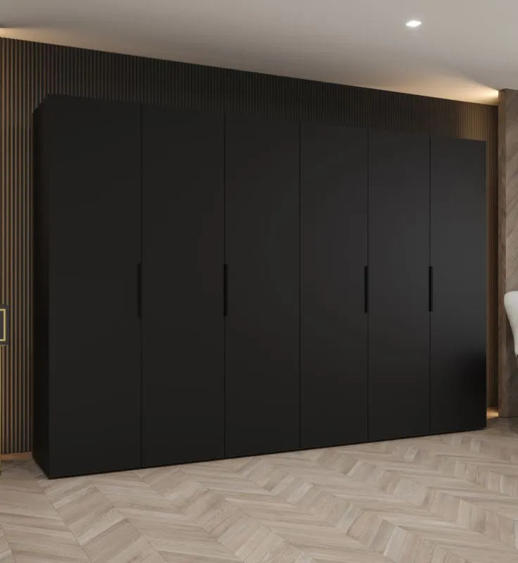 Armoire à portes battantes / Penderie avec six portes Korab 50, Couleur : Noir, largeur 3 mètres, Poignées : Noir, quatre tringles à vêtements, fonction Soft-Close