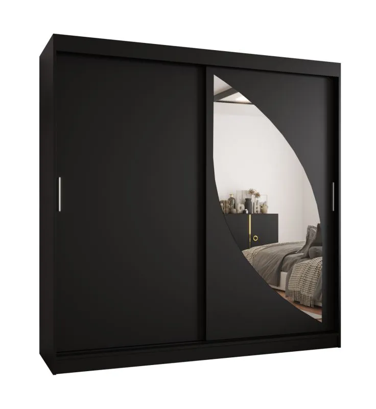 Armoire penderie à portes coulissantes Jorasses 19 | Noir | 2 m de large | 1 porte miroir | 5 compartiments | 2 tringles | Rails aluminium