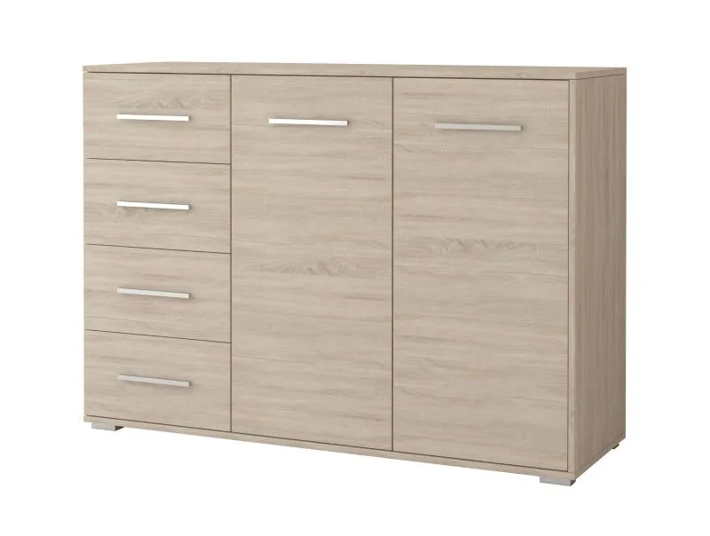 Buffet Comarca 28 | Chêne | 3 niches | 4 tiroirs | 2 portes | 96 x 135 x 45 cm | Bois aspect naturel | Poignées argentées