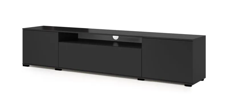 Meuble TV moderne Zapopan 128, Fonction push-to-open, un trou pour le câble, Couleur : Noir, trois portes, dimensions : 42 x 200 x 40 cm, pour le salon