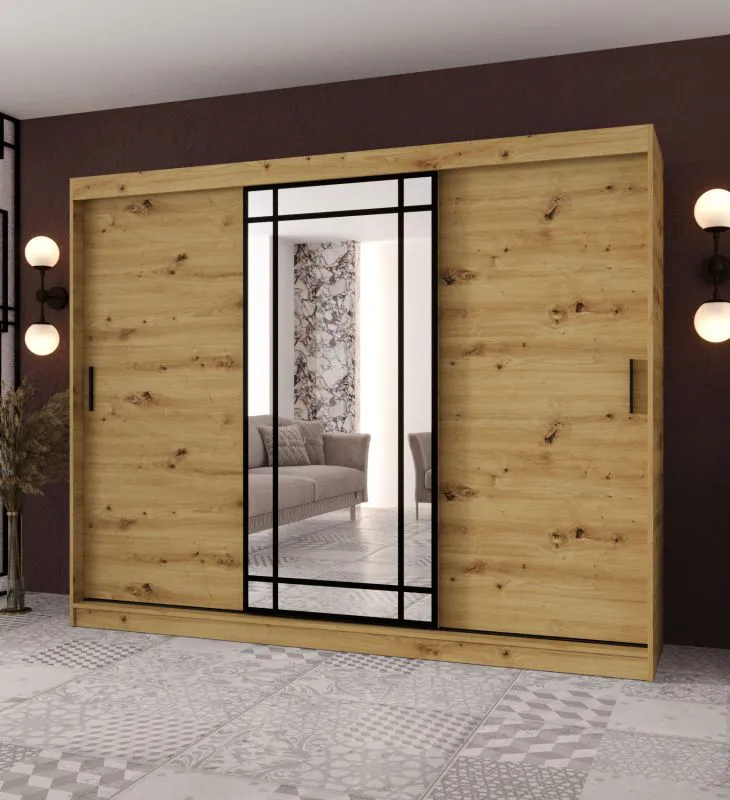 Armoire à portes coulissantes / Porte miroir décorative / Couleur : Blanc mat / 2 tringles à vêtements / Penderie / 10 compartiments / 250 x 62 x 200 cm / Durable et résistante