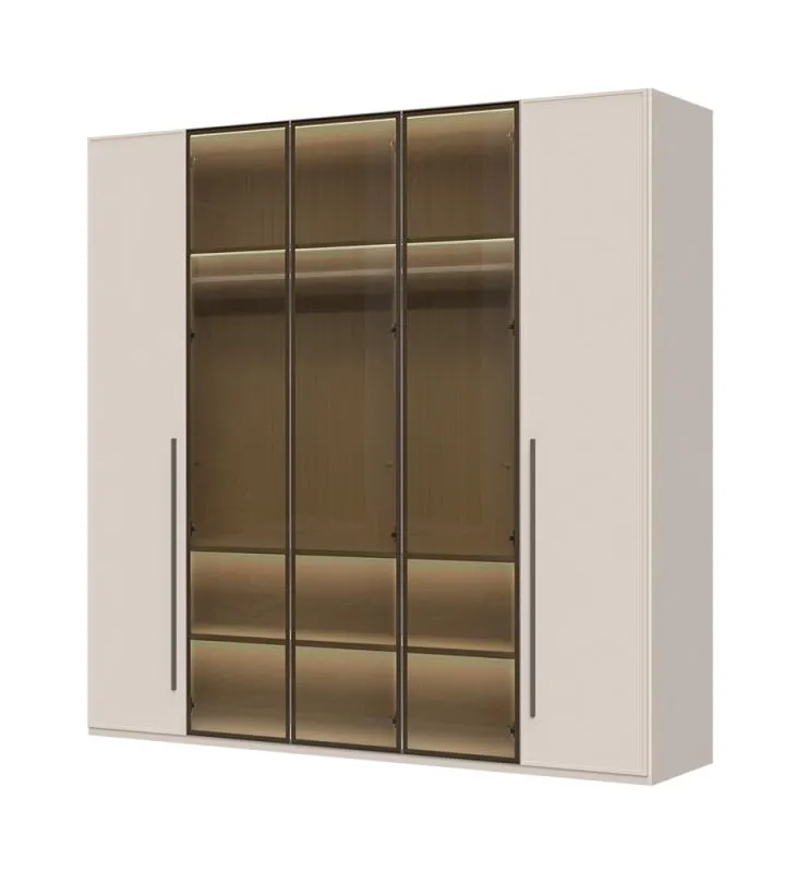 Grande armoire à trois portes vitrées Neiafu 15, couleur : cachemire, dimensions : 224 x 227 x 56 cm, avec éclairage intérieur, système de fermeture en douceur, trois tringles à vêtements