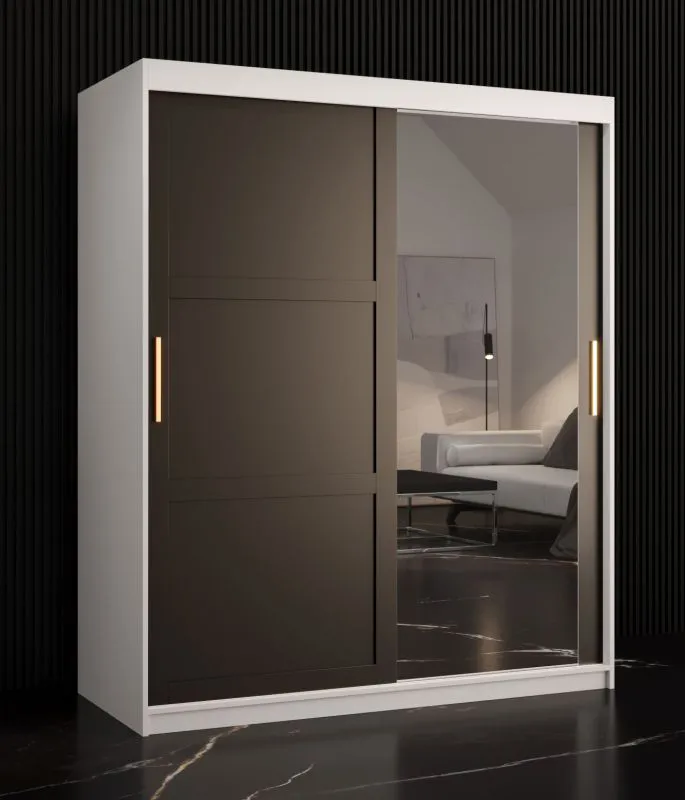 Armoire penderie Liskamm 34 avec porte miroir | Blanc mat / Noir mat | 200 x 150 x 62 cm | 5 étagères, 2 tringles