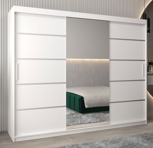Armoire à portes coulissantes / Penderie Jan 06B avec miroir, Couleur : Blanc mat - Dimensions : 200 x 250 x 62 cm ( H x L x P)