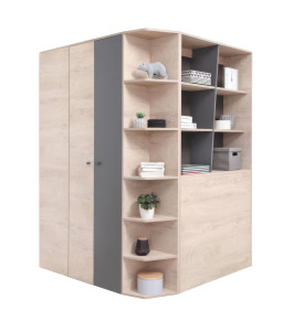 Chambre d'adolescents - Armoire à portes battantes / armoire d'angle Chiny 01, couleur : chêne / gris - Dimensions : 190 x 135 x 135 cm (H x L x P)